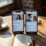 Twee smartphones tonen datingapps op een verweerd houten tafel