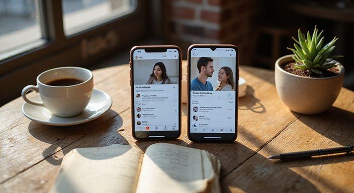 Twee smartphones tonen datingapps op een verweerd houten tafel