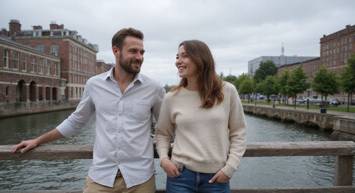 Een stel staat ontspannen bij een houten reling aan de Schelde