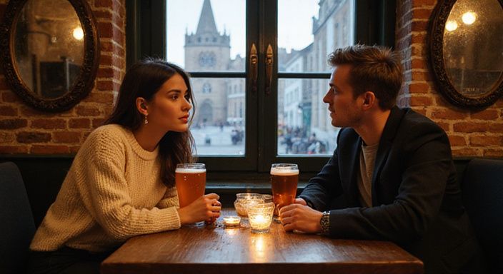 Dit is een telefooncamera-foto met een foutmelding of systeembericht. Twee mensen genieten van een intiem gesprek over erotisch contact in Gent in een Belgische bar