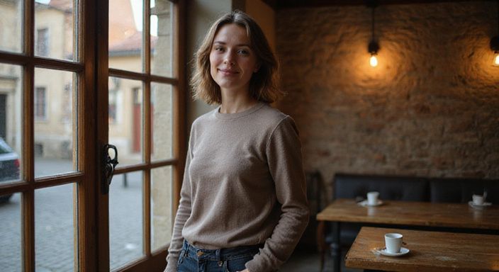 Een vrouw glimlacht oprecht in een traditionele Europese café