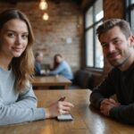 Twee volwassenen genieten van een ontspannen gesprek in een café