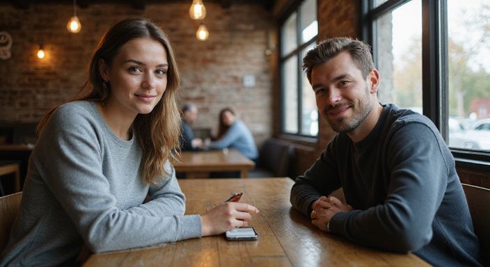 Twee volwassenen genieten van een ontspannen gesprek in een café