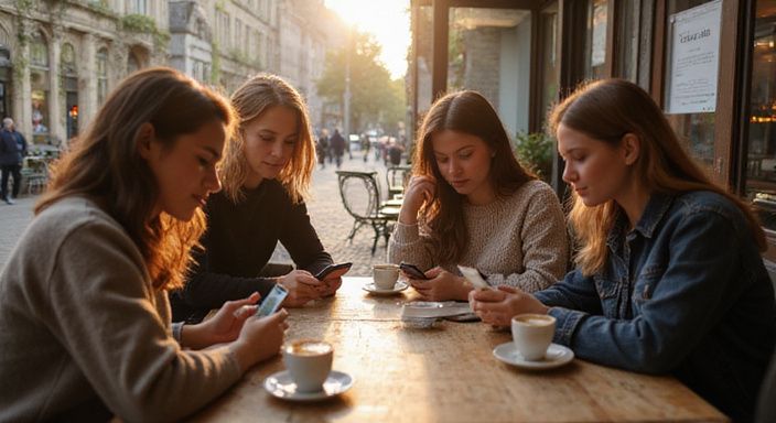 Een jonge volwassene werkt aandachtig aan een MacBook in een coworkingruimte. Vier jonge volwassenen zitten samen in een café in Brugge en zoeken erotisch contact in West-Vlaanderen.