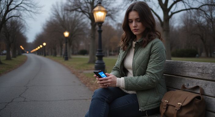 Een jonge vrouw zit bezorgd op een bank in het park