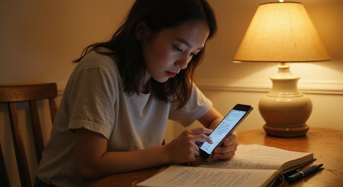 Een vrouw concentreert zich op haar smartphone tijdens het noteren. Een vrouw concentreert zich op haar smartphone tijdens het noteren.