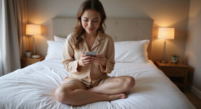 Een vrouw in zijde pyjama geniet van haar smartphone in bed. Een vrouw in zijde pyjama geniet van haar smartphone in bed.