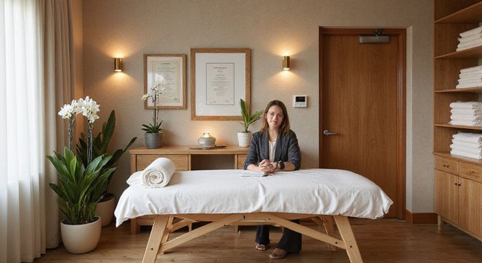 Een serene massagepraktijk met een professionele receptie en warme inrichting. Een serene massagepraktijk met een professionele receptie en warme inrichting.