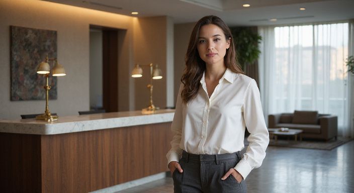 Een vrouw in zakelijke kleding staat relaxed bij de receptie. Een vrouw in zakelijke kleding staat relaxed bij de receptie.