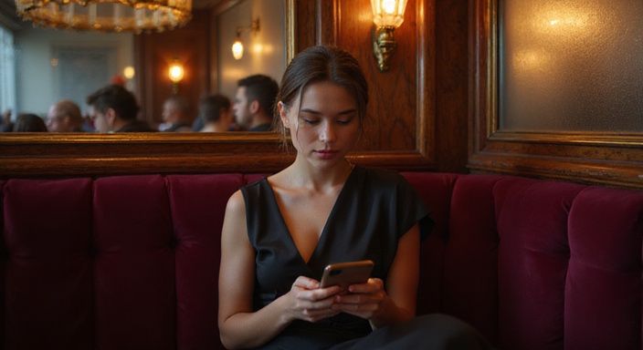 Een vrouw in een stijlvolle lounge, verdiept in haar smartphone. Een vrouw in een stijlvolle lounge, verdiept in haar smartphone.