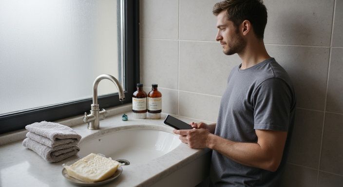 Een man staat ontspannen bij een moderne badkamer met verzorgingsartikelen. Een man staat ontspannen bij een moderne badkamer met verzorgingsartikelen.