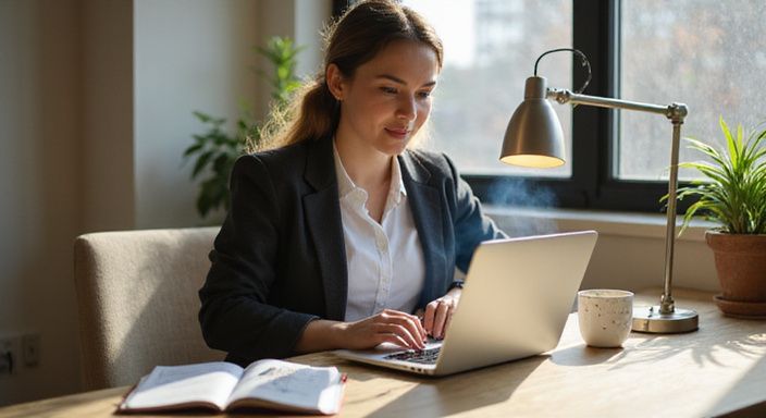 Een vrouw werkt gefocust aan haar laptop met koffie naast zich. Een vrouw werkt gefocust aan haar laptop met koffie naast zich.