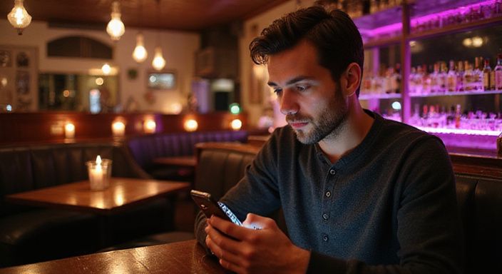 Een man kijkt naar zijn smartphone in een gezellige bar. Een man kijkt naar zijn smartphone in een gezellige bar.