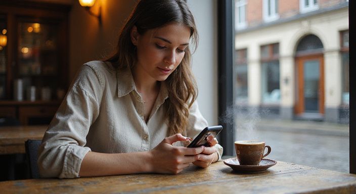 Een vrouw in een café verdiept in een datingapp. Een vrouw in een café verdiept in een datingapp voor erotisch contact in Gent.
