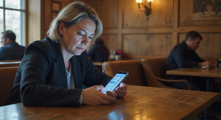 Een middelbare vrouw toont bezorgdheid terwijl ze informatie op haar telefoon bekijkt. Een middelbare vrouw toont bezorgdheid terwijl ze informatie op haar telefoon bekijkt.