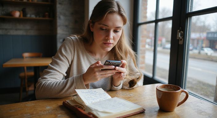 Een vrouw concentreert zich op haar smartphone en notities. Een vrouw zoekt op haar smartphone naar erotisch contact in West-Vlaanderen.