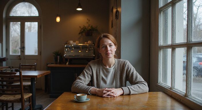 Een vrouw geniet van een kop koffie in een intieme Belgische café. Een vrouw geniet van een kop koffie in een intieme Belgische café.