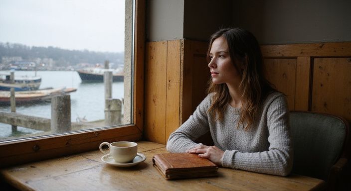Een vrouw in een café, diep in gedachten met een journal. Een vrouw in een café, diep in gedachten met een journal.