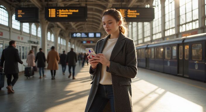 Een vrouw met een smartphone staat in een druk treinstation. Een vrouw met een smartphone staat in een druk treinstation.
