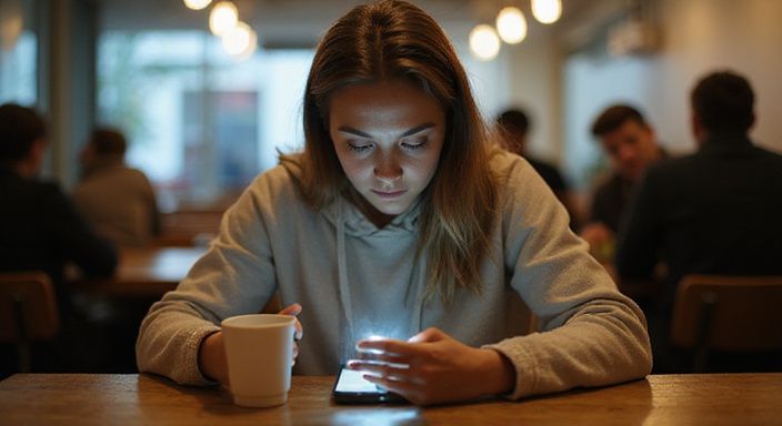 Een jonge vrouw zit alleen, nerveus, met haar smartphone in een café. Een jonge vrouw zit alleen, nerveus, met haar smartphone in een café.