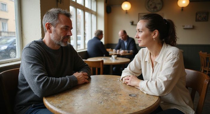 Twee volwassenen zitten aan een tafel in een café, converseren serieus. Twee volwassenen zitten aan een tafel in een café en praten over erotisch contact in West-Vlaanderen.