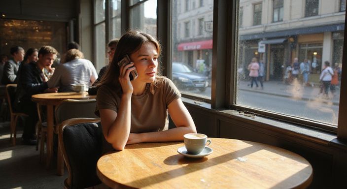 Vrouw in café, verdiept in gesprek met smartphone. Vrouw in café, verdiept in gesprek met smartphone.