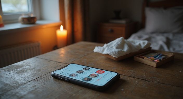 Een smartphone en een open doos met veiligheidsartikelen op een bureau. Een smartphone en een open doos met veiligheidsartikelen op een bureau.
