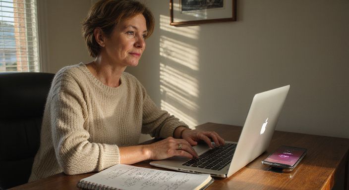 Een vrouw werkt geconcentreerd aan haar laptop in een thuisbureau. Een vrouw werkt geconcentreerd aan haar laptop in een thuisbureau.