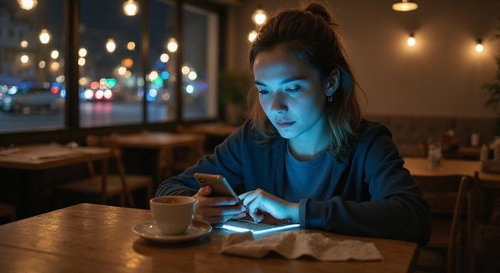 Een vrouw in een café, alleen en verdiept in datingprofielen. Een vrouw in een café, alleen en verdiept in datingprofielen voor een geheim discreet sexcontact.