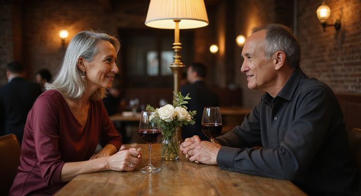 Een gepensioneerd stel geniet van een intiem gesprek in een restaurant