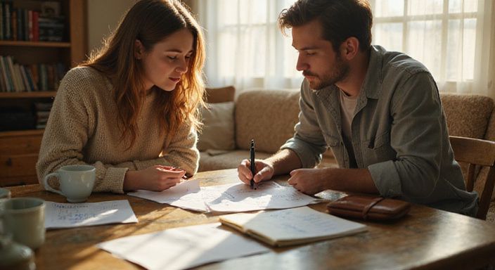 Een koppeltje bespreekt geconcentreerd gezamenlijke financiële plannen aan tafel. Een koppeltje bespreekt geconcentreerd gezamenlijke financiële plannen aan tafel.