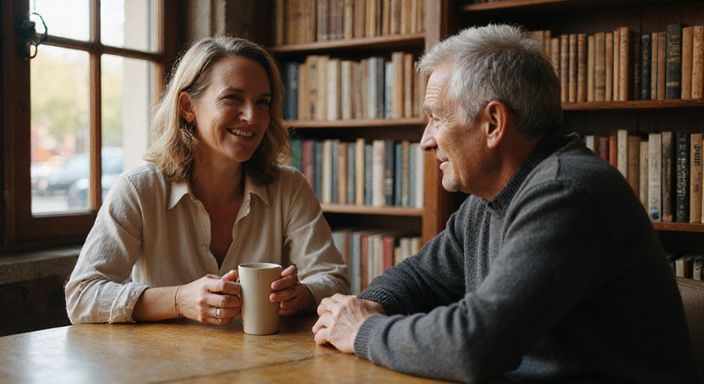 Twee middelbare mensen delen een oprechte conversatie in een boekwinkel. Twee middelbare mensen delen een oprechte conversatie over met oudere vrouwen daten in een boekwinkel.