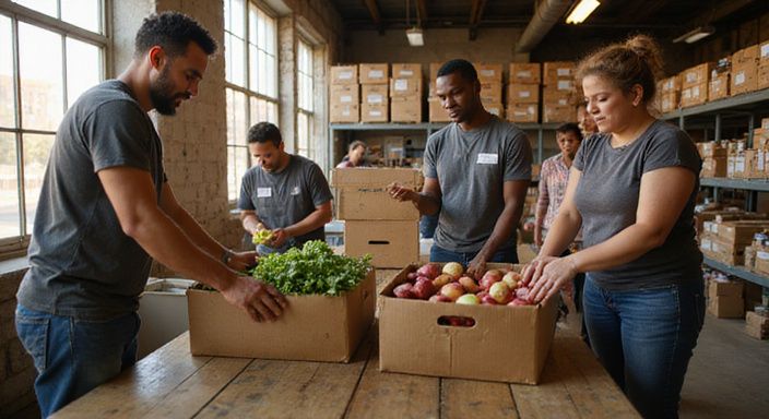 Vrijwilligers werken samen in een gemeenschap voedselbank met diverse producten. Vrijwilligers werken samen in een gemeenschap voedselbank met diverse producten.