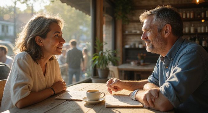 Een intiem gesprek tussen twee leeftijdsgenoten in een café. Een intiem gesprek over met oudere vrouwen daten tussen twee leeftijdsgenoten in een café.