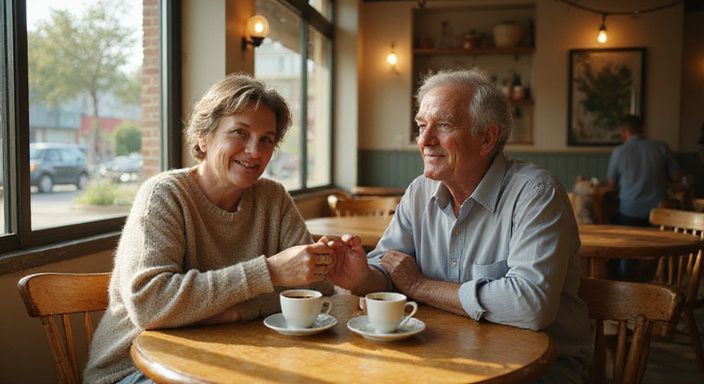 Twee lachende mensen delen een intiem gesprek in een café. Twee lachende mensen delen een intiem gesprek over met oudere vrouwen daten in een café.